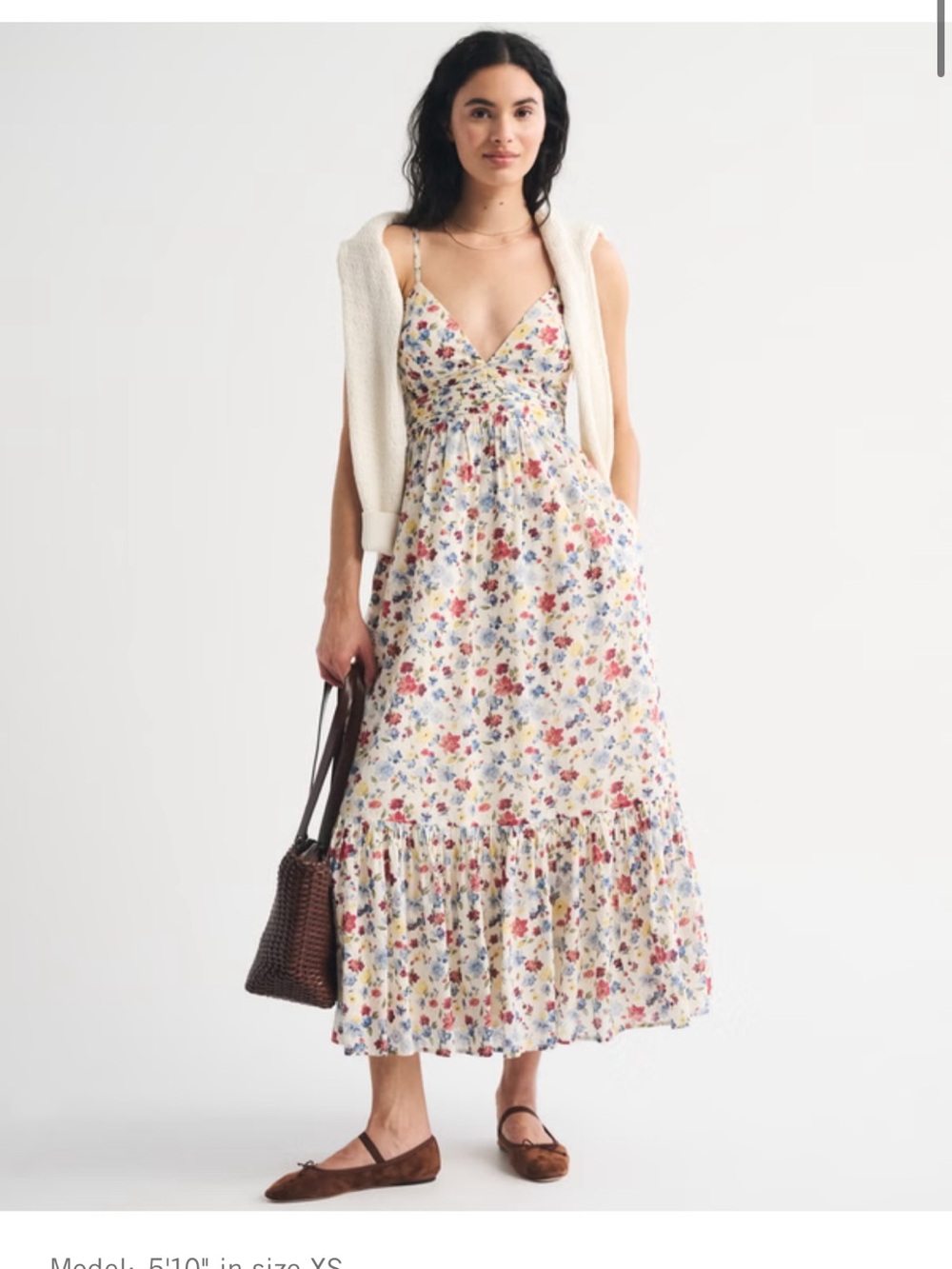 Abercrombie & Fitch Bra-Free Tie-Back Flowy V-Neck Maxi Dress - Cream Floral - M